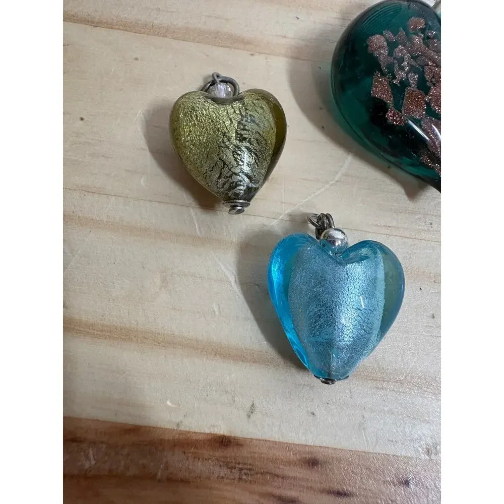 Glass Heart Pendant Charms Blue Green Yellow Set of 3 Vintage
